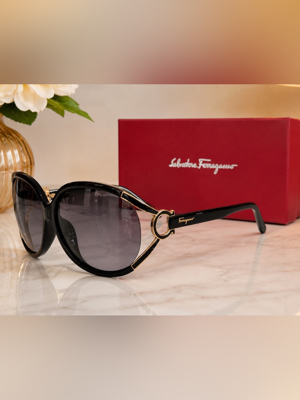 Salvatore Ferragamo Black Sunglasses with Gold Accents